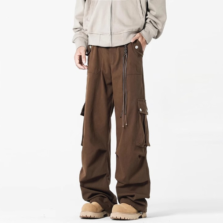 American Retro Brown Cargo Pants for Men, Trendy Brand with Multi-Pocket Design, Loose Wide-Leg Casual Versatile Paratrooper Sports Pants