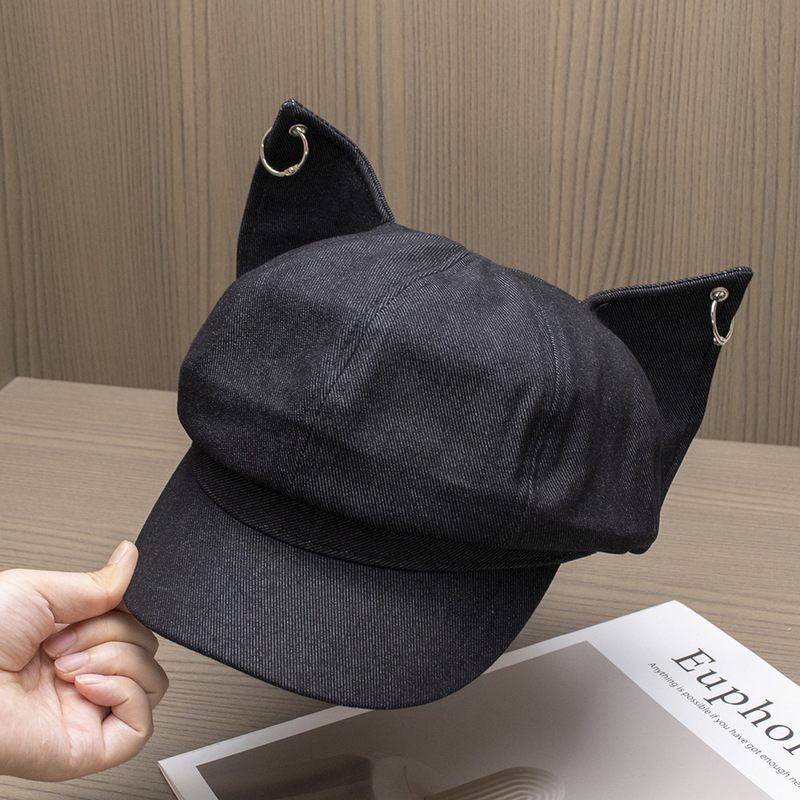 ニッチな個性のかわいいキツネ耳メタルバックルベレー帽女性用春と夏y2k多用途顔見せ小さな八角形帽子|undefined
