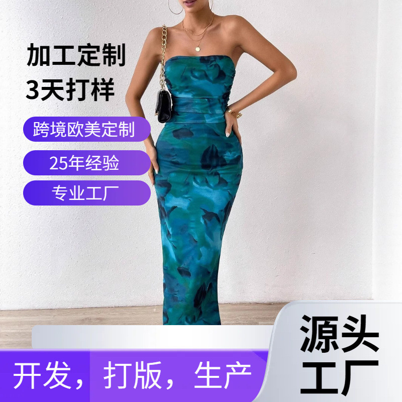 2026 Cross-Border European and American Amazon Mesh Floral Ruffle Sexy Tight-Fitting Slit Strapless Tube Top Long Dress Hit
