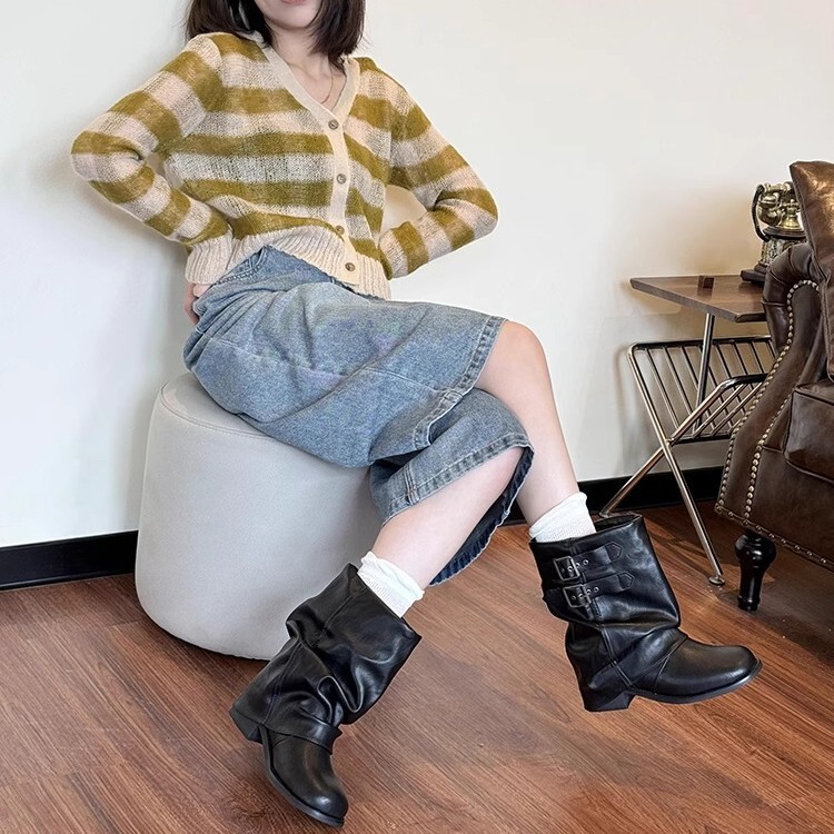 今年人気の女性用ショートブーツ2025秋冬新作本革黒超人気パンツブーツ厚底おしゃれショートブーツ|undefined