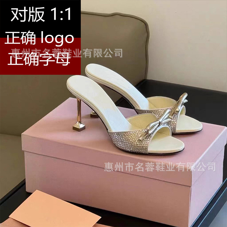 High-End Version - Miu Miu High-Quality Bowknot Rhinestone Slip-On Sandals for Women, Round-Toe Open-Toe Elegant High Heels