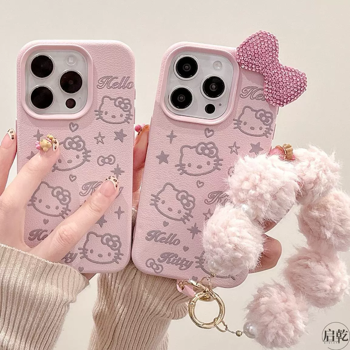 Чехол для телефона Hello Kitty, совместим с iPhone 11–17 серии, 3D бантик, имитационная кожа розовый с ремешком