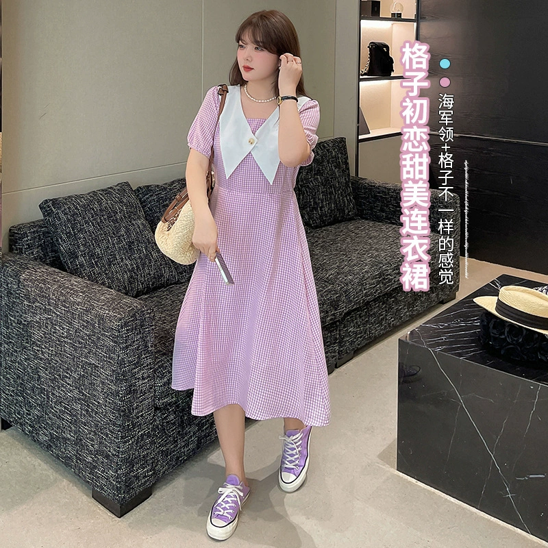 Лето новый плюс Размер женщин 200 кг круглолицый девушка Нежный сладкий плед темно-воротник платье 220249