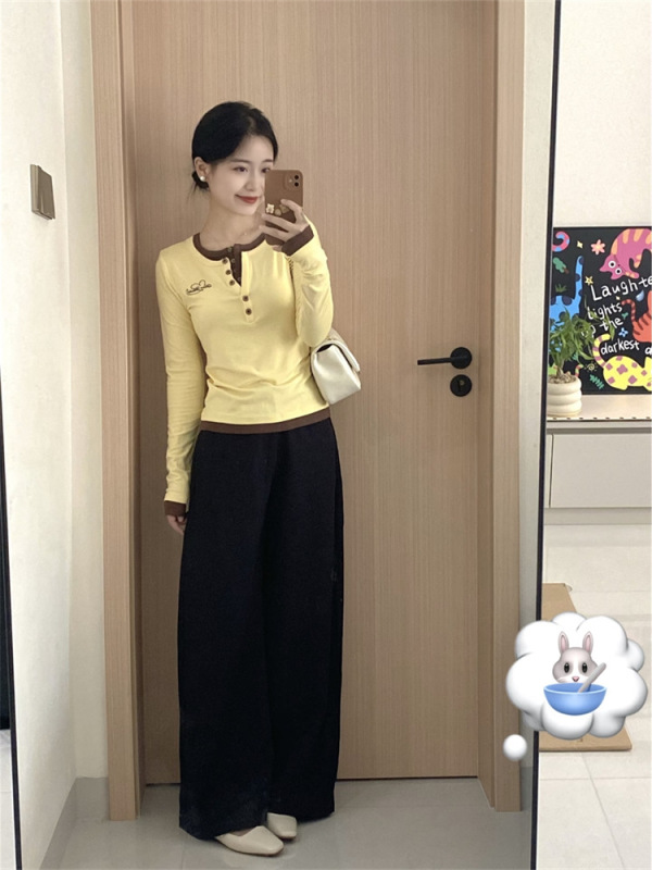 韩系穿搭黄色假两件长袖t恤女秋季气质修身半开领刺绣打底衫上衣|undefined