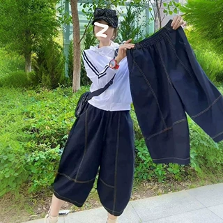2026夏季新款小众百搭简约文艺风明线拼接半松紧腰休闲七分裤潮款