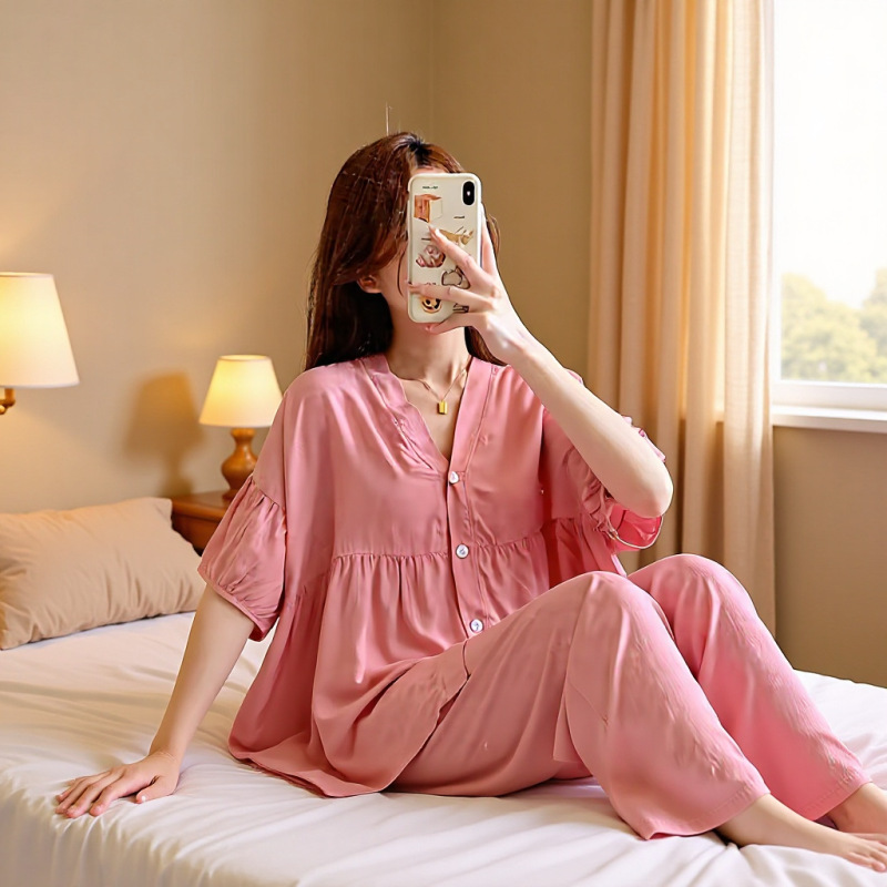 Floral Dance Plus-Size Home Pajama Set Cotton Silk Spring, Autumn, Summer Maternity Wear Large Size Factory Direct Simple Casual