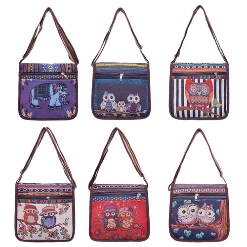 Crossbody Canvas Bag for Women Ethnic Style Double-Sided Embroidered Animal Slope Travel Single Shoulder Crossbody Bag Small Fabric Bag Retro