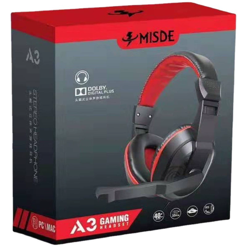 Wired over‑ear headset (Mercede A3), heavy bass, adjustable mic, single or dual 3.5 mm plugs