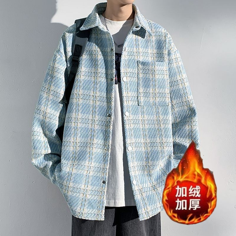 Abrigo de lana de estilo Chanel para hombre Otoño e Invierno camisa de marca de moda a cuadros de alta calidad solapa volante guapo chaqueta suelta moda