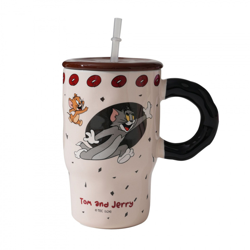 Gatos y ratones auténticos con cubierta de paja para parejas de niñas nuevas tazas de cerámica de gran capacidad con cubierta tazas de dibujos animados