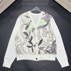 高端现货2026时尚秋新款植物花卉V领长袖亮片刺绣花针织开衫女