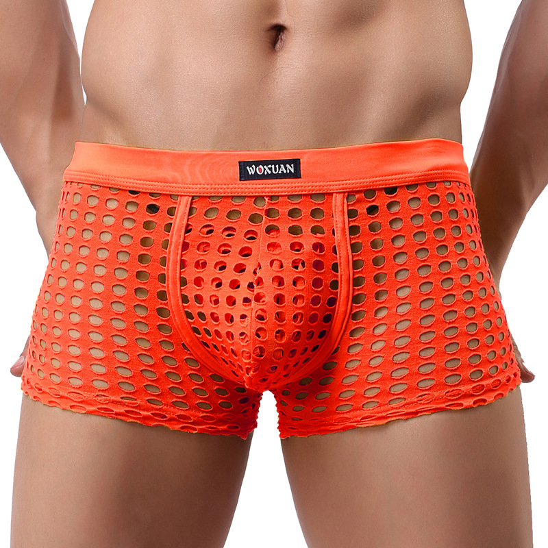男士鏤空平腳內褲透氣洞洞情趣網眼鏤空性感平腳內褲批發
