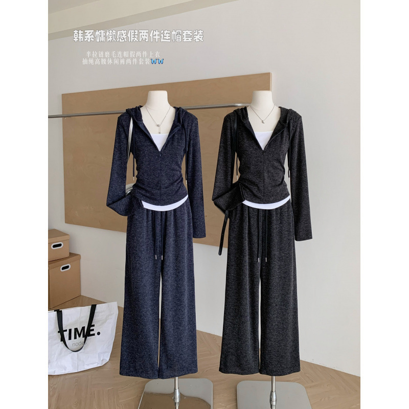 塞纳休闲运动套装女2025新款流行撞色假两件上衣时尚阔腿裤两件套|undefined