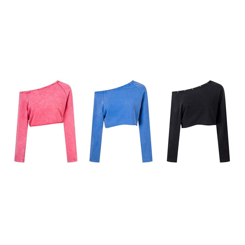 UNBDNS women's autumn new Korean-style simple and versatile casual crop top with slanted shoulders, washed and distressed finish