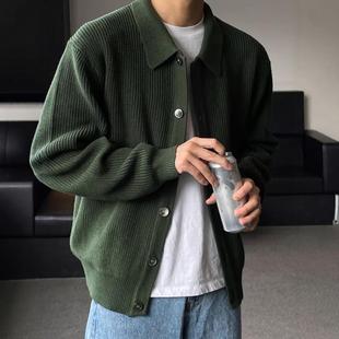 Autumn and Winter Dark Green Lapel Knitted Sweater Cardigan Jacket Men's Loose Lazy Style Sweater Korean Men's Fashion Casual