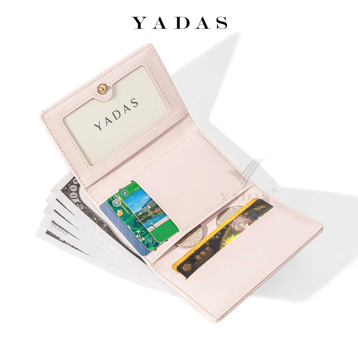 [Botón de flores] YADAS linda bolsa de tarjetas de dama hebilla de moda corta de cuero PU 30 billetera de cambio