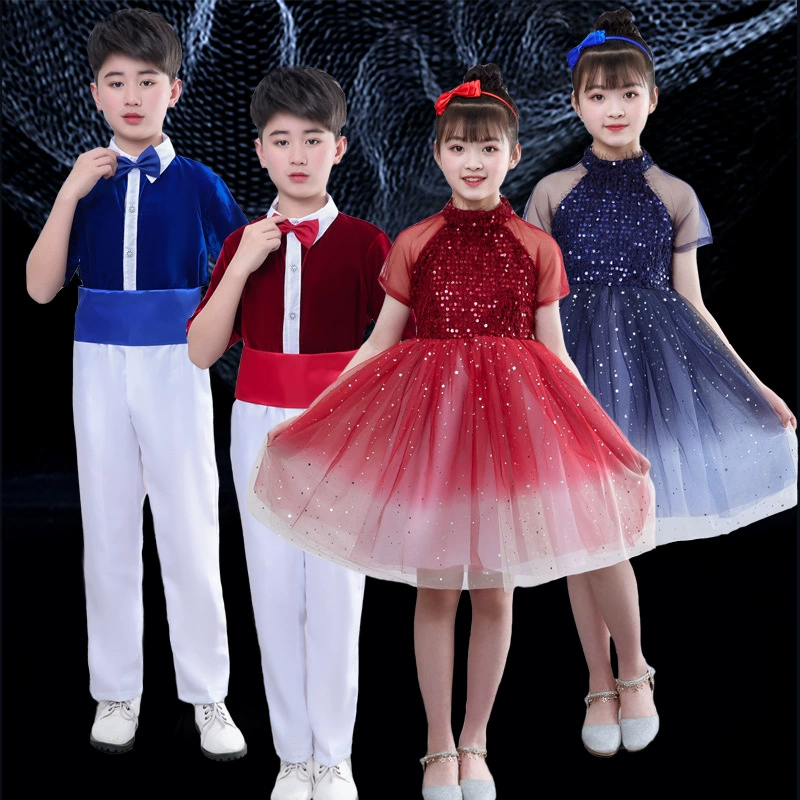 Детский костюм для хора 1 июня Платье для ученика начальной школы с пайетками Платье принцессы Платье-пончо Платье для выступлений