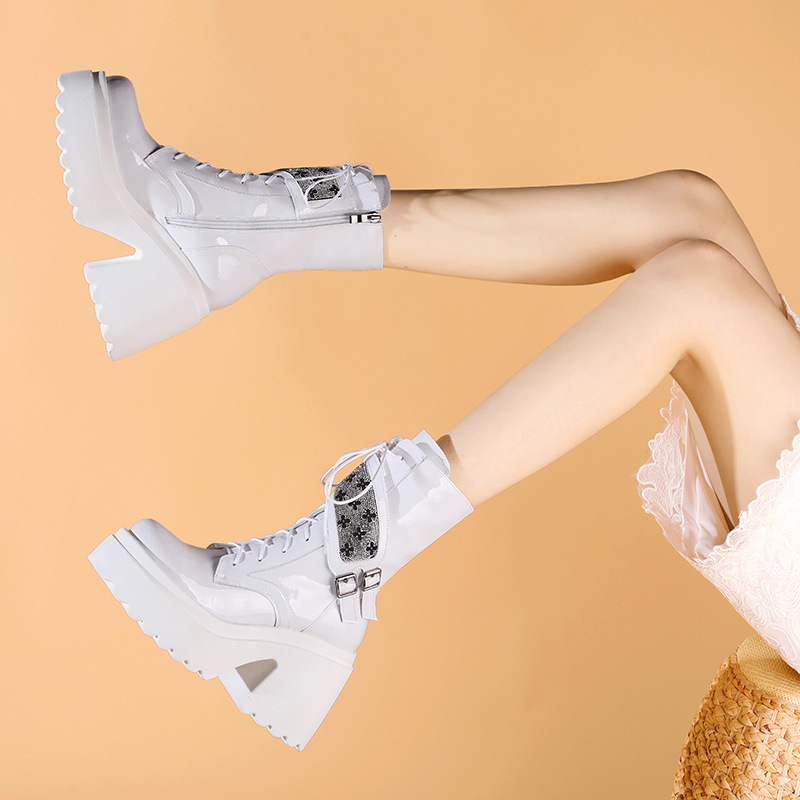 Boot nữ cổ ngắn phong cách Anh quốc, gót vuông 10cm, đế platform, khóa kéo bên hông — Lót nhung đen