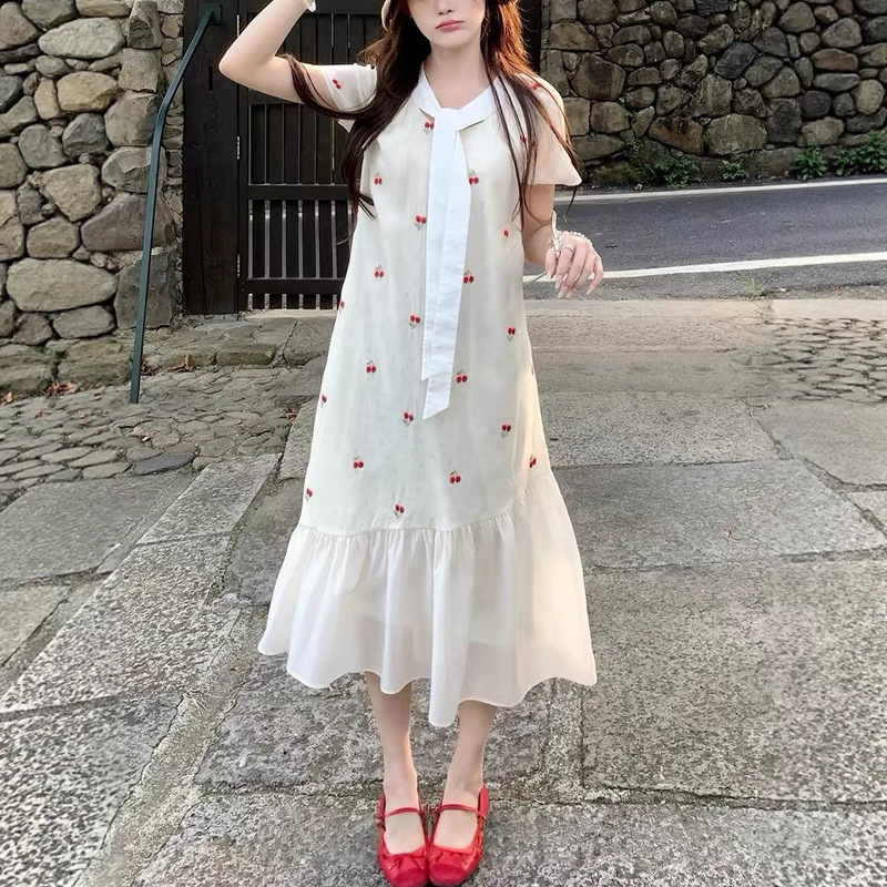 Cherry Thoughts Tencel Pure Cotton 3D Embroidery Long Polka Dot A-Line Dress for Petite Women