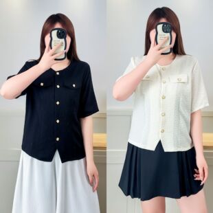 100.00kg Chubby Sister Summer New Korean Style Fashionable Chanel Style Chic Short Sleeve Shirt plus size Top Women 6921