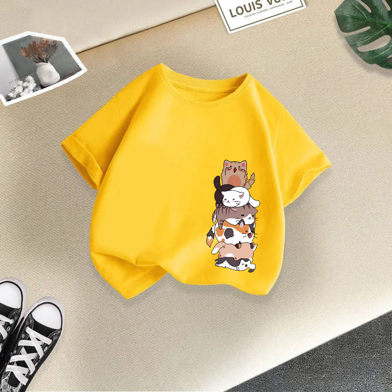 Amarillo un montón de gato mangas cortas