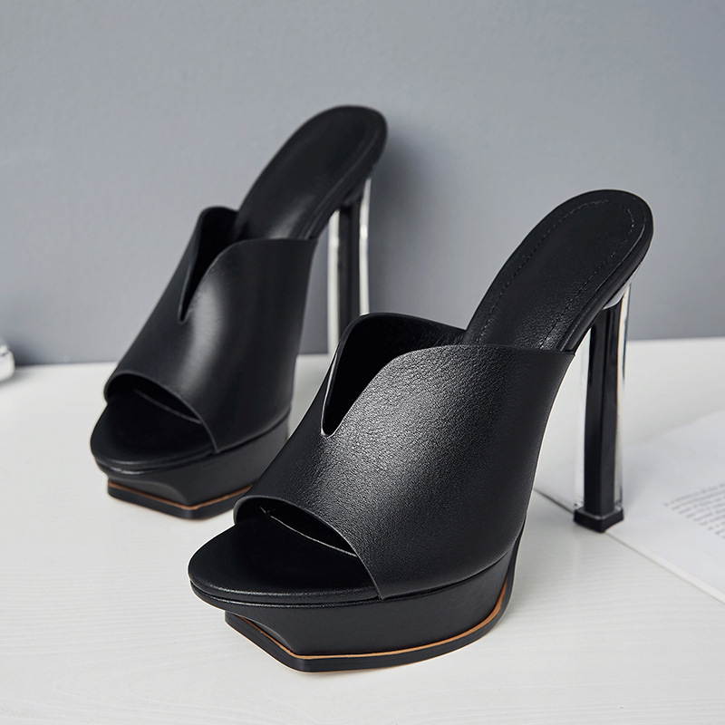 Sandal cao gót nữ hở mũi đế xuồng chống thấm, gót pha lê thời trang — Màu đen