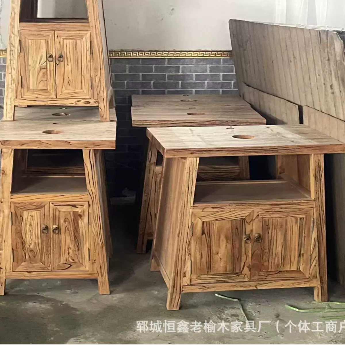 复古老榆木洗手台卫生间仿古浴室柜落地洗漱台靠墙原木边柜