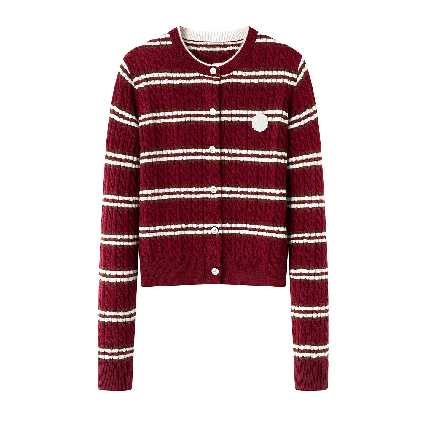 现货 2025秋季新款女时尚学院风复古红色条纹圆领针织开衫3J3E512