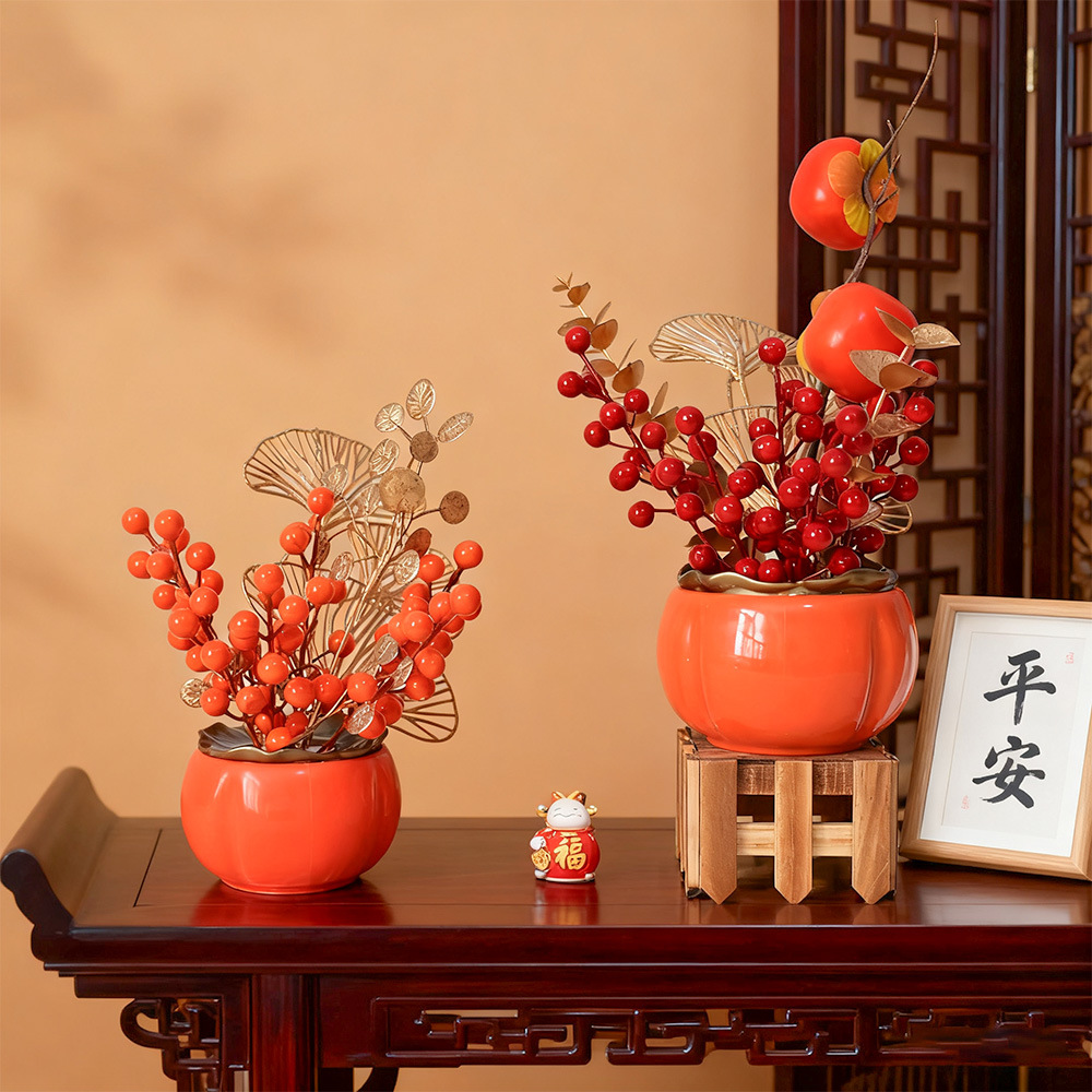 Flores de imitación de flores de fruta de riqueza de vacaciones de Año Nuevo decoración de casa de boda barril de caqui ornamentos de decoración de decoración