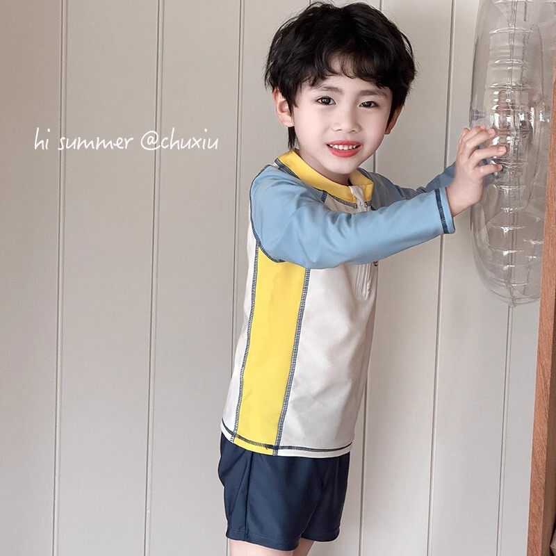 儿童泳衣男童夏季新款分体长袖防晒泳装中小童男孩度假速干游泳衣|undefined