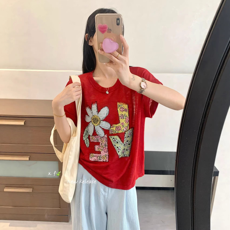 Floral Letter Pattern Jacquard Round Neck Flutter Sleeve Ultra-Fine Linen Summer Women's Casual Fashion Knit Top