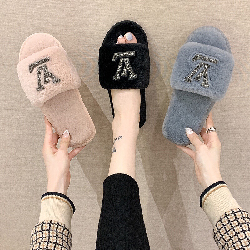 Mao Mao slippers women's 2021 autumn and winter New Home bright diamond flat warm slippers popular fashion cotton slippers