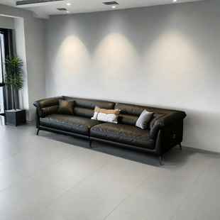 Vintage Light Luxury Sofa Custom-Made for Living Room, Suitable for Small Households, Mid-Century Style, Black Italian Minimalist Genuine Leather Light Luxury Style