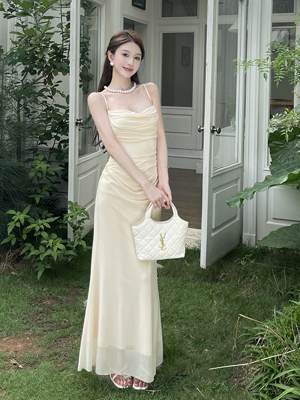 イリヤサスペンダーネックラインメッシュドレスレディース夏純粋な欲望スタイルシンプルな気質ロングスカート CF25142GNG|undefined