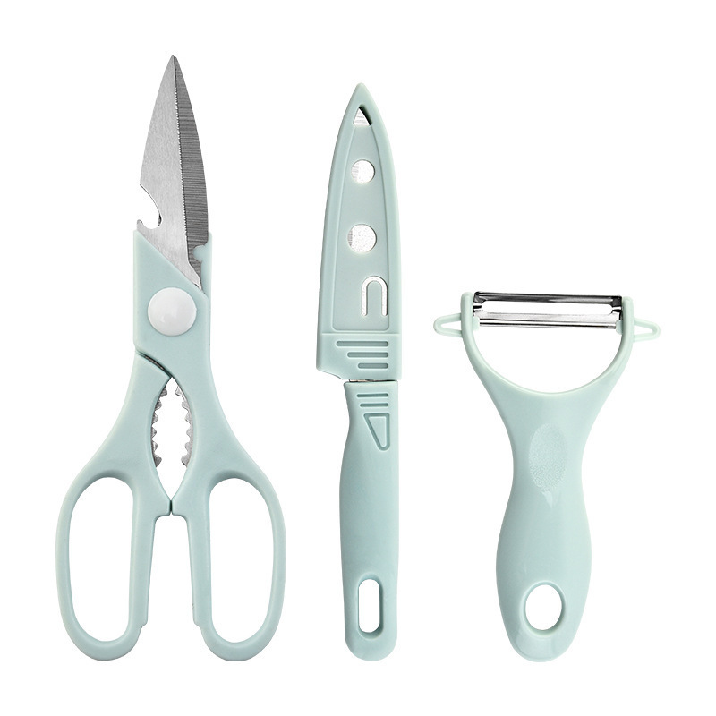 Fábrica al por mayor macaron color fruta cuchillo melón cepilladora cuchillo de tres piezas juego de cocina Sanbao tijeras de hueso de pollo con cubierta de cuchillo