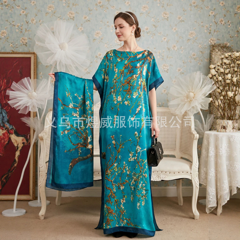 Cross-Border Hot-Selling Source Factory African Robe Clothing Kaftan Long Dress with Headscarf Set