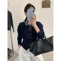 韩系复古格纹POLO领系带针织开衫女秋季新款毛衣外套