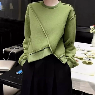 小个子慵懒风绿色卫衣女秋冬款气质外穿不规则拼接宽松百搭上衣潮