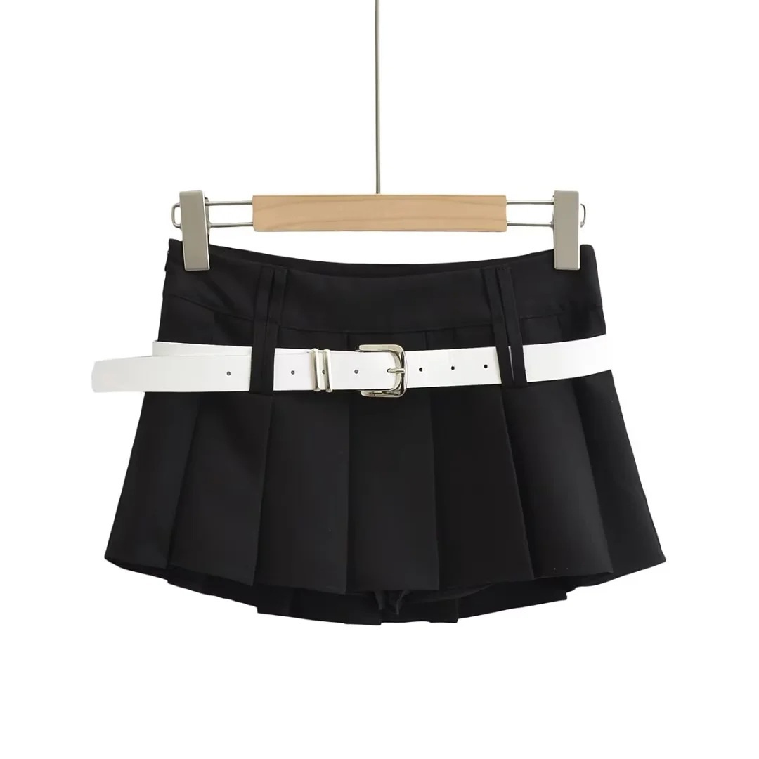 Ropa de mujer Falda plisada estilo universitario con cinturón para mujer Verano 2023 Nueva falda con diseño antiexposición Falda corta de cintura baja para chica sexy_voghion.com