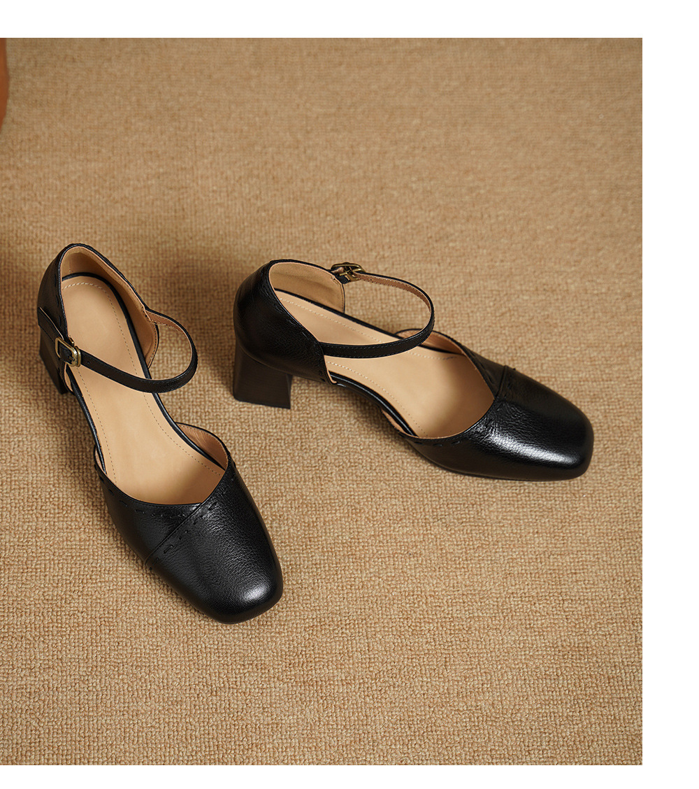 Giày sandal cao gót nữ quai ngang mũi vuông gót 6 cm — đen chi tiết 14