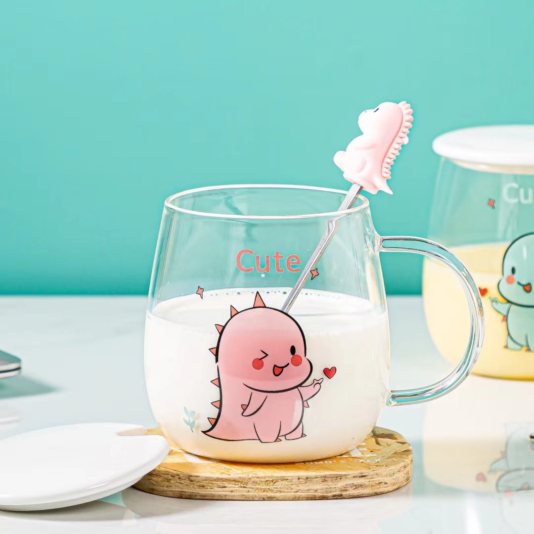 Lindo dinosaurio de dibujos animados taza de agua de cristal con tapa cuchara taza de regalo personalizado taza de jugo de Corea taza de café LOGO