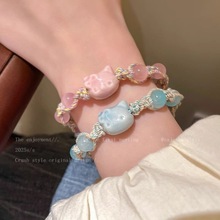 甜美风手工编织彩绳kt小猫手绳小众时尚精致少女心百搭手饰品批发