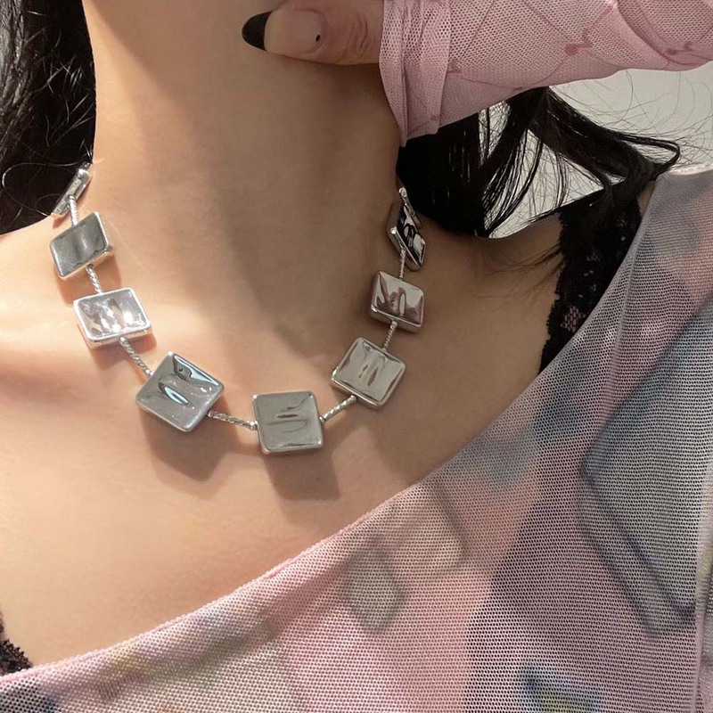 个性冷淡风银色金属方形串珠项链女甜酷时尚小众百搭锁骨链颈链潮|undefined