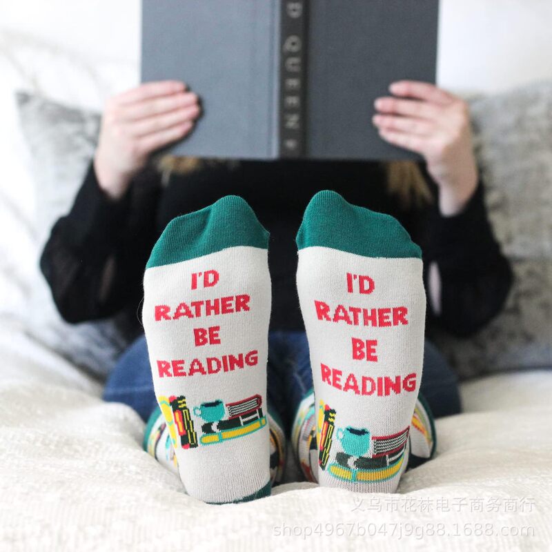 Cross-Border Amazon English Letter Socks I'D Rather Be Reading I'M Reading Books Men's and Women's Mid-Calf Socks