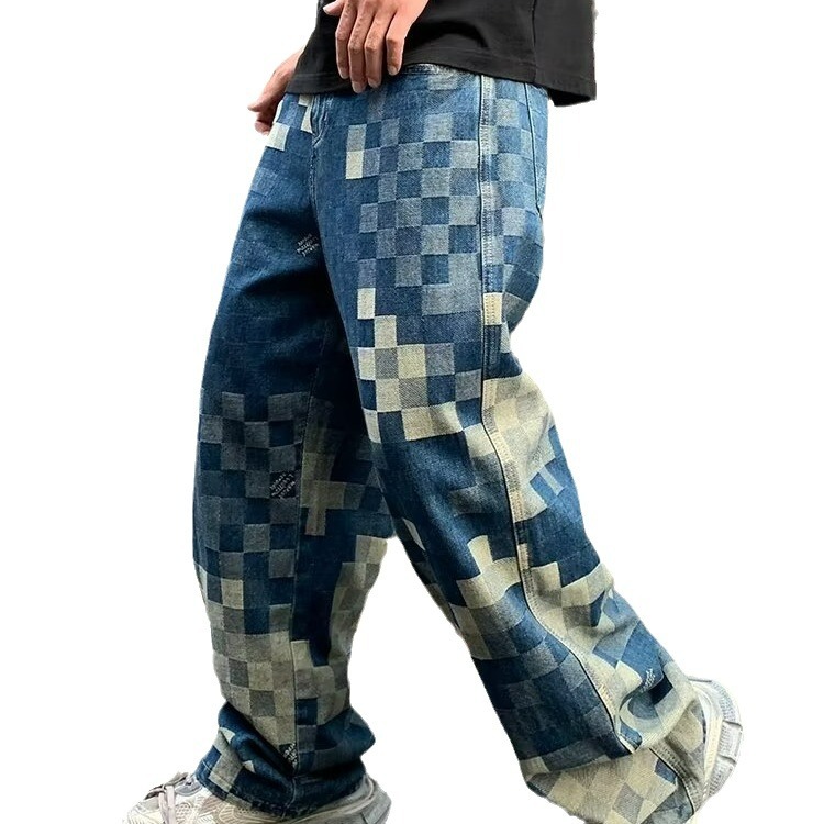 Herrenbekleidung Hochwertige Mosaik Schachbrett Jeans Herren Leicht Luxus Straight Street Trend Casual_voghion.com