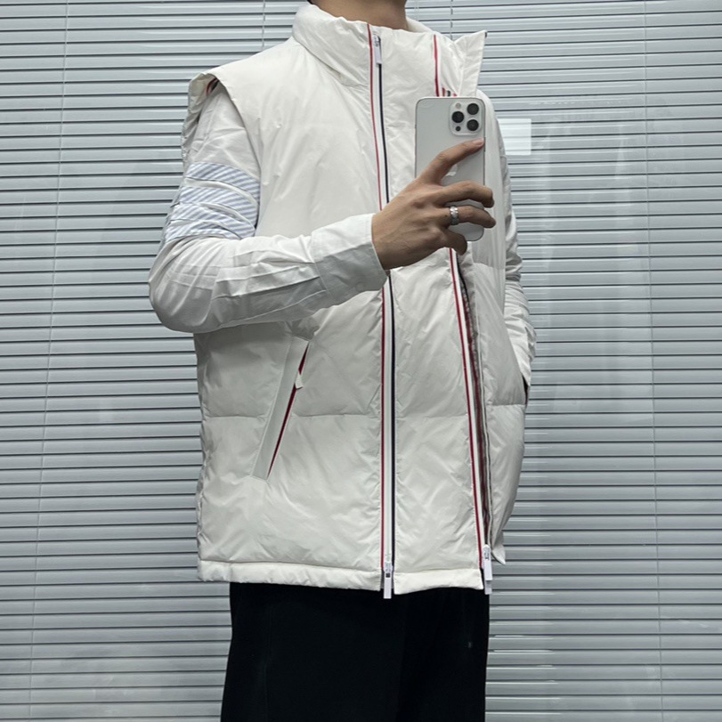 TB 공장 직영 신상 고품질 가을 겨울 더블 지퍼 뒷면 컬러 스트라이프 남성용 다운 조끼