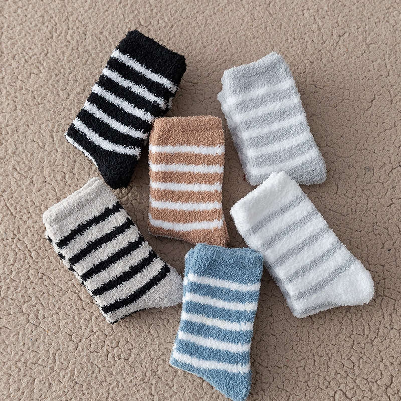Striped coral velvet socks men's winter warm thickened trendy fashionable non-lint home casual mid-calf floor socks