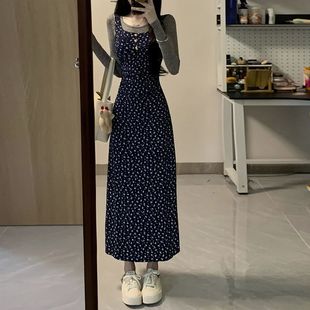 French Academy Style New Korean Style Floral Collar Tight Waist Slim Long Sling dress suit