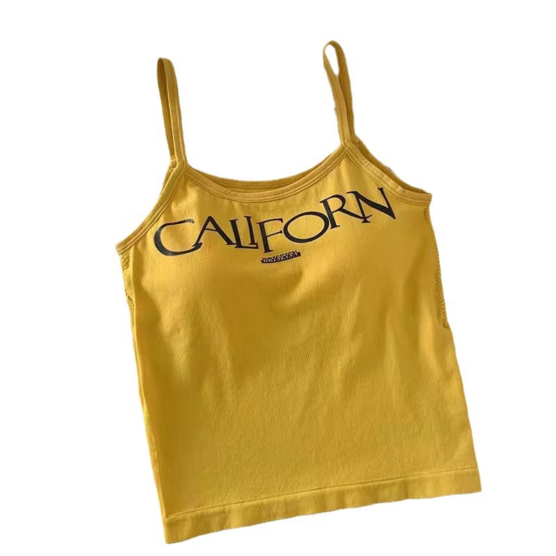 Summer yellow short comfortable top with cups with letters sleevless