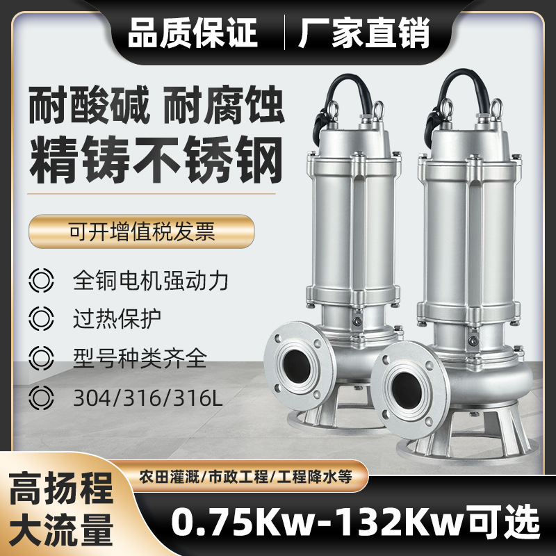 304 stainless steel sewage pump submersible pump anti-corrosion acid and alkali resistant chemical pump high lift 380V pumping sewage pump